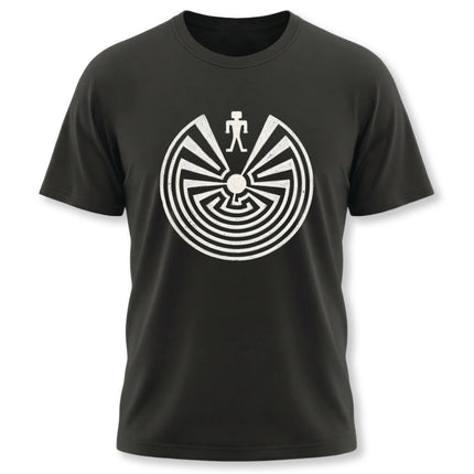 Hopi Man in the Maze I'itoi symbol graphic on a black t-shirt.