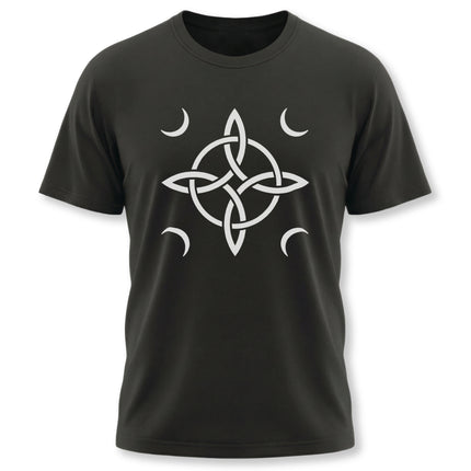 Celtic knot and three crescent moons graphic tee for witchy or pagan style.