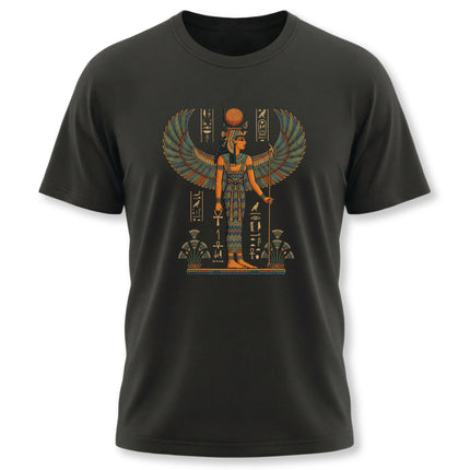Isis Egyptian goddess graphic tee featuring wings, sun disk, and ancient mythology symbols.