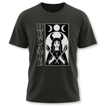 Hecate goddess t-shirt design featuring triple moon symbol and occult torches.