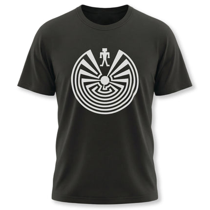 Black t-shirt featuring the I'itoi man in the maze sacred geometry labyrinth design.