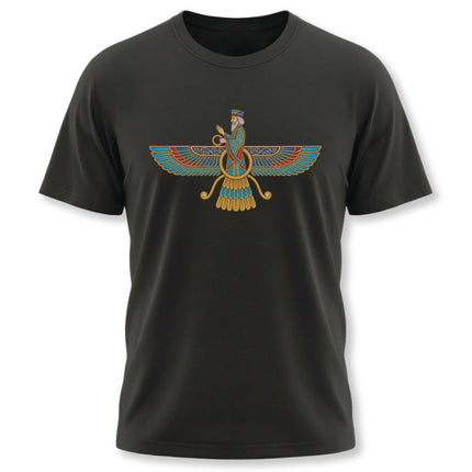 Faravahar winged symbol graphic on a black t-shirt, representing Zoroastrian Persian culture.
