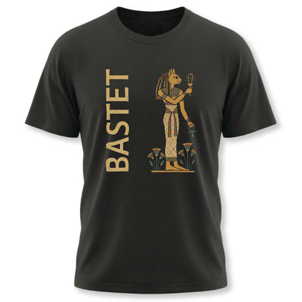 Bastet Egyptian goddess graphic tee featuring the cat deity and name on a black shirt.