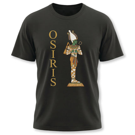 Osiris Egyptian god graphic t-shirt featuring the deity and name on a black background.