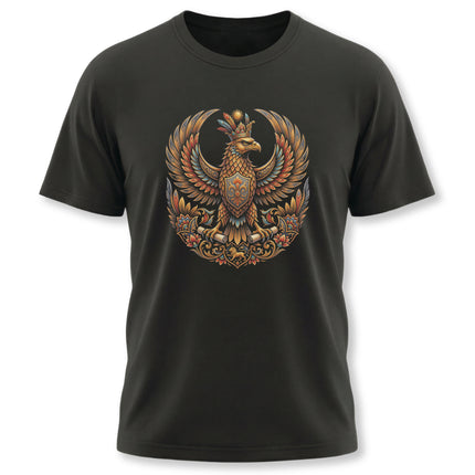 Persian mythology crowned eagle emblem graphic on a black t-shirt.