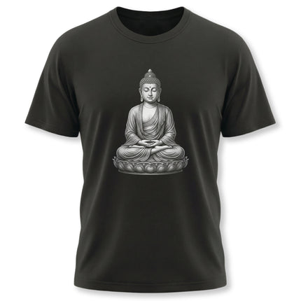 Meditating Buddha seated on a lotus flower graphic design for spiritual wear.