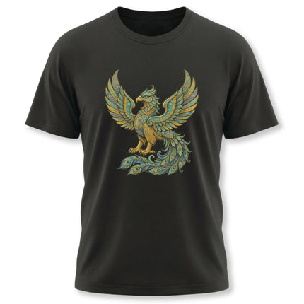 Golden Homa Bird phoenix design, featuring ornate Persian mythology art in gold and blue.