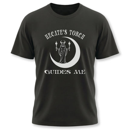 Hecate's Torch Guides Me graphic tee featuring the goddess with torches and a crescent moon.
