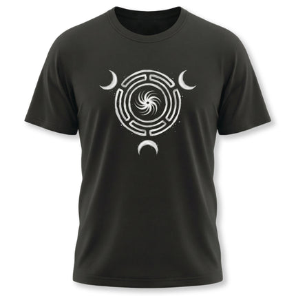 Black t-shirt with a white triple moon and cyclical goddess symbol for pagan or witchy style.