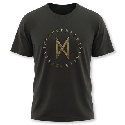 Black t-shirt featuring golden Dagaz rune and full Elder Futhark Norse symbols.