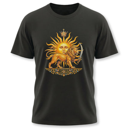 Golden Shir-o-Khorshid emblem featuring a lion and sun on a black t-shirt.