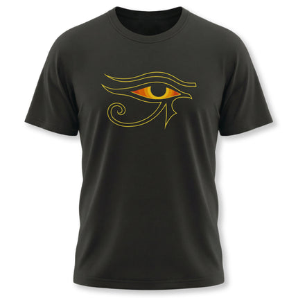 Eye of Ra symbol graphic on black tee, featuring ancient Egyptian mythology design.