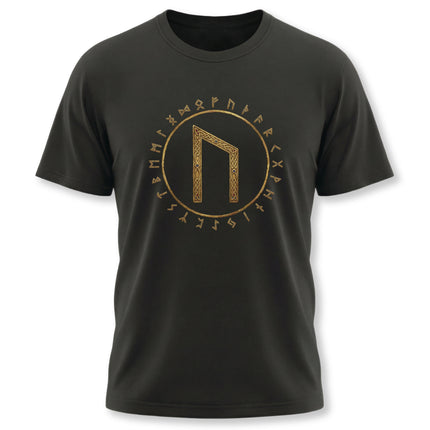 Uruz rune and Elder Futhark Norse alphabet t-shirt design in gold detail.