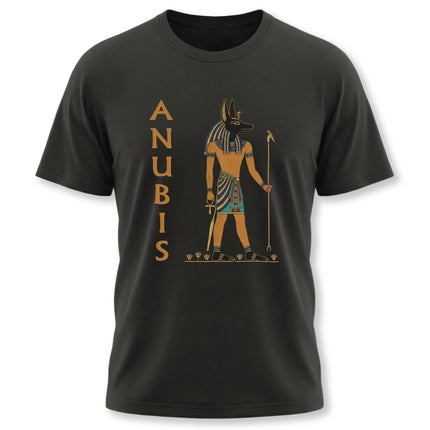 Anubis Egyptian god graphic tee featuring the jackal-headed deity and vertical name print.