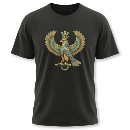 Mythical Persian Shabaz eagle graphic on black t-shirt, featuring gold and turquoise royal symbols.