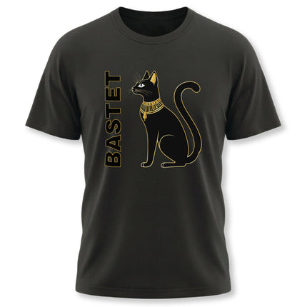 Gold Bastet Egyptian cat silhouette graphic on a black unisex t-shirt.