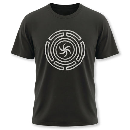 Black t-shirt featuring the Hekate Strophalos Wheel symbol, representing witchcraft and goddess lore.