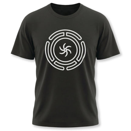 Black unisex tee featuring the white Stropholos of Hekate symbol, a pagan goddess design.