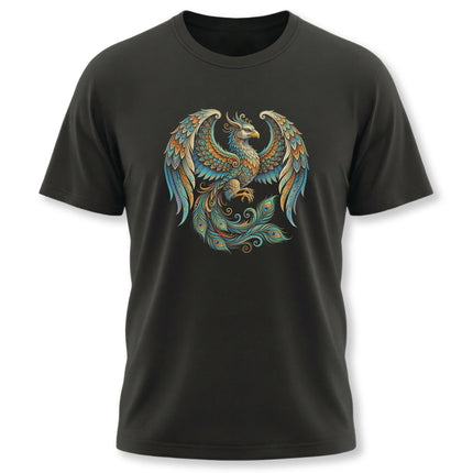 Ornate Homa Bird phoenix graphic tee featuring colorful Persian mythology art.