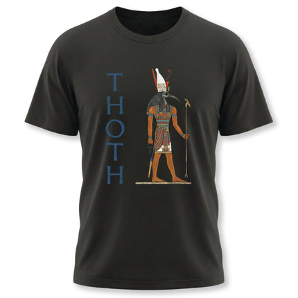 Thoth Egyptian god graphic tee featuring the ibis-headed deity on a black shirt.