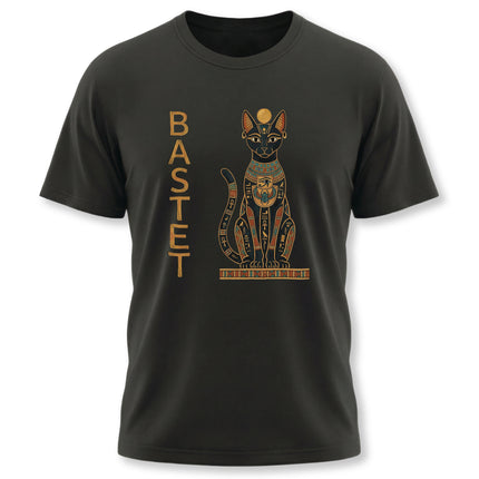 Bastet Egyptian cat goddess graphic tee featuring hieroglyphic art and mythology on a black shirt.