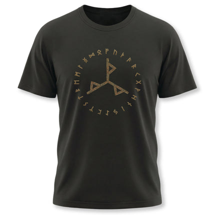 Black tee featuring Norse runes, the Power Bind Rune, and Elder Futhark symbols.