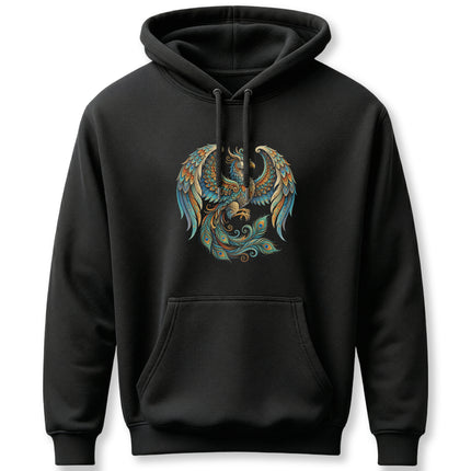 Black hoodie featuring a vibrant Homa Bird phoenix graphic in detailed oriental mythology style.