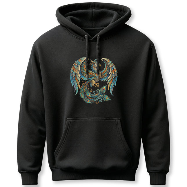 Black hoodie featuring a vibrant Homa Bird phoenix graphic in detailed oriental mythology style.