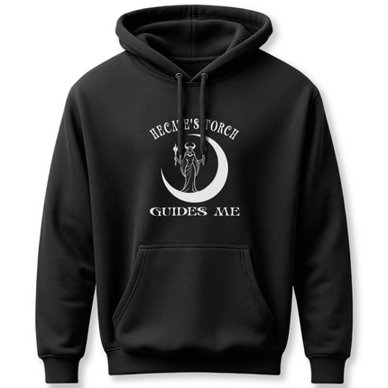 Hecate's Torch Guides Me graphic on a black hoodie, featuring a crescent moon and goddess aesthetic.