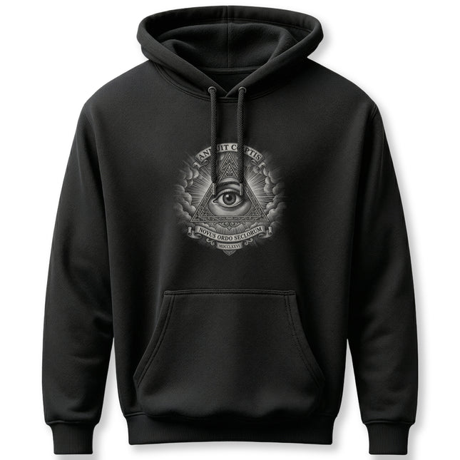 Eye of Providence Great Seal graphic on black pullover hoodie.