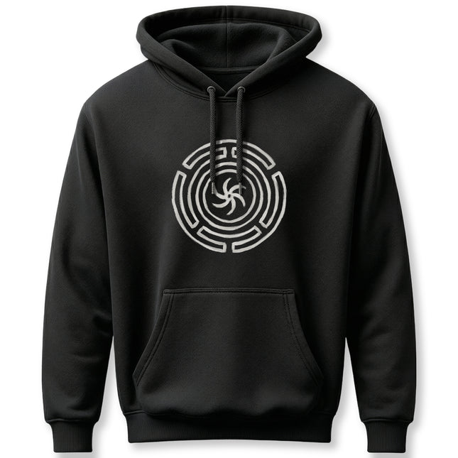 Black hoodie featuring Hekate's Wheel Strophalos symbol. Pagan goddess and witchy aesthetic apparel.