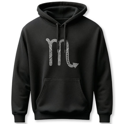 Tribal scorpio zodiac symbol on a black astrology pullover hoodie.