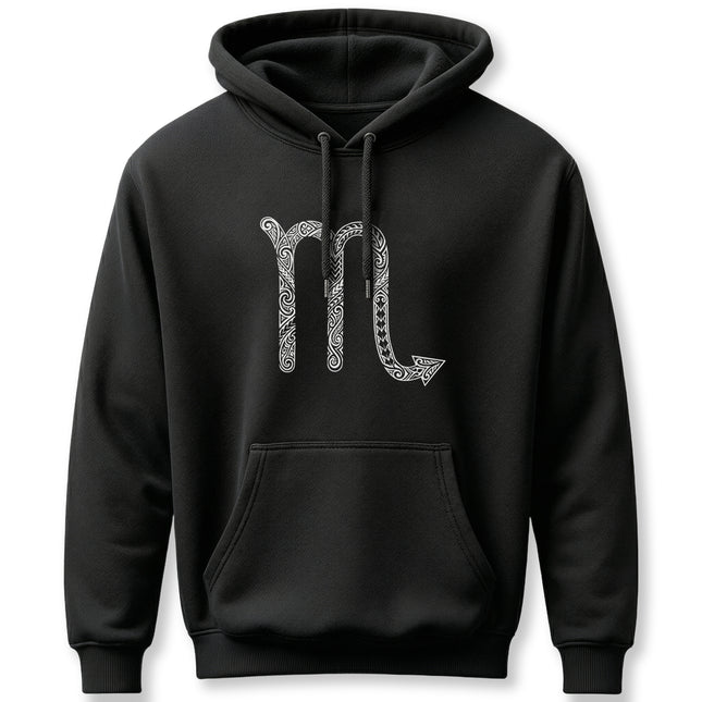 Tribal scorpio zodiac symbol on a black astrology pullover hoodie.