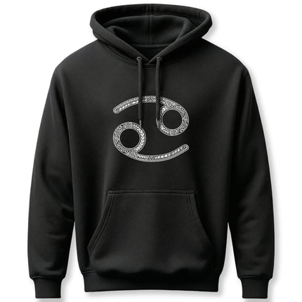 Ornate Cancer zodiac symbol on a black unisex pullover hoodie featuring intricate astrology art.