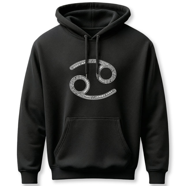 Ornate Cancer zodiac symbol on a black unisex pullover hoodie featuring intricate astrology art.