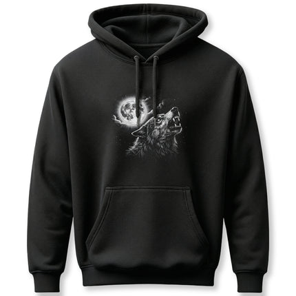 Howling wolf and full moon graphic on a black pullover hoodie.