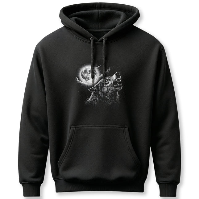 Howling wolf and full moon graphic on a black pullover hoodie.