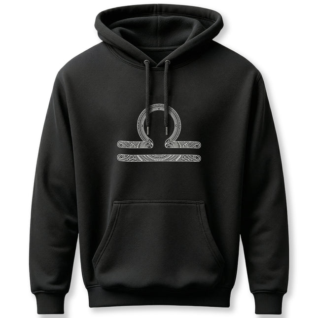 Intricate Libra zodiac symbol on a black hoodie. Detailed astrology scales design.