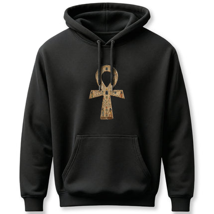 Black hoodie featuring a distressed Ankh symbol, the Ancient Egyptian Key of Life mythology design.