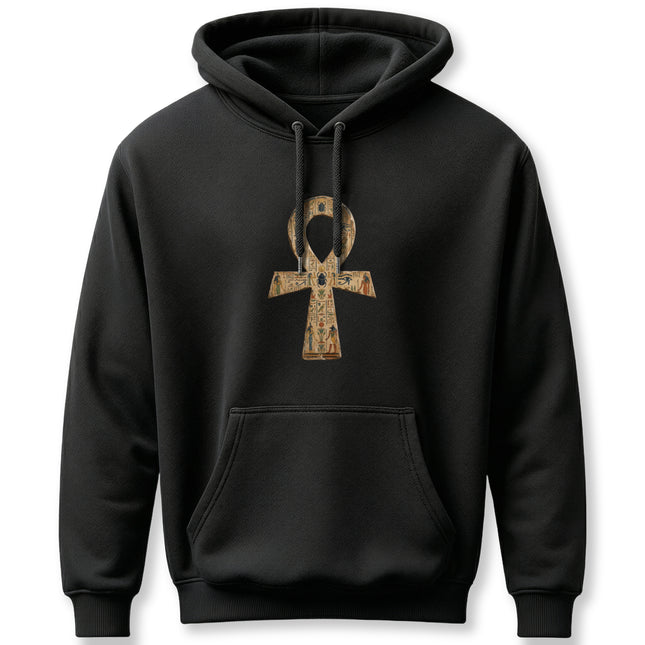 Black hoodie featuring a distressed Ankh symbol, the Ancient Egyptian Key of Life mythology design.
