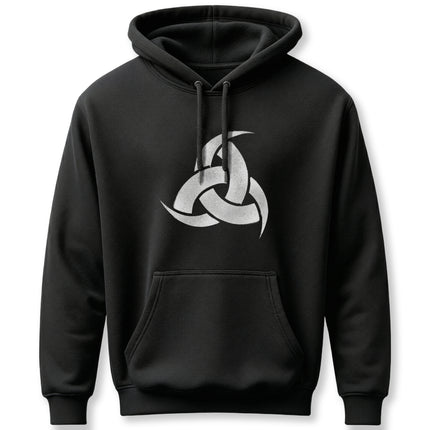 Black hoodie featuring the white Norse Odin symbol. Viking mythology apparel for pagan streetwear.