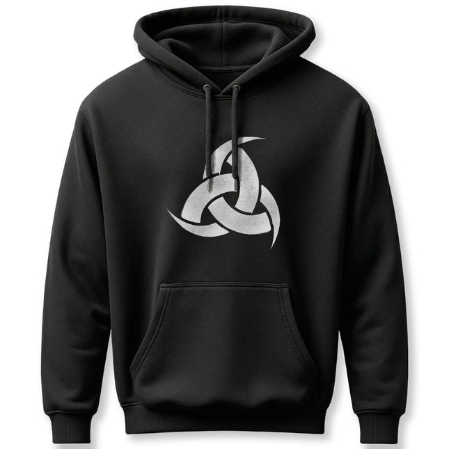 Black hoodie featuring the white Norse Odin symbol. Viking mythology apparel for pagan streetwear.