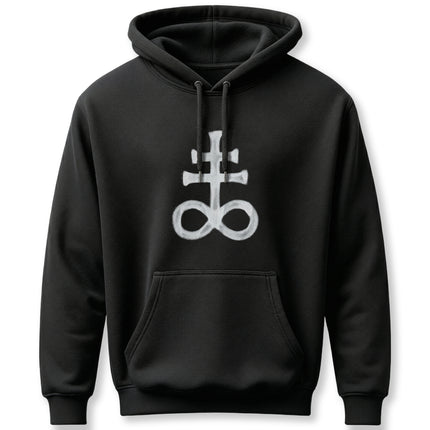 Black hoodie featuring the white Leviathan Cross pagan symbol design.