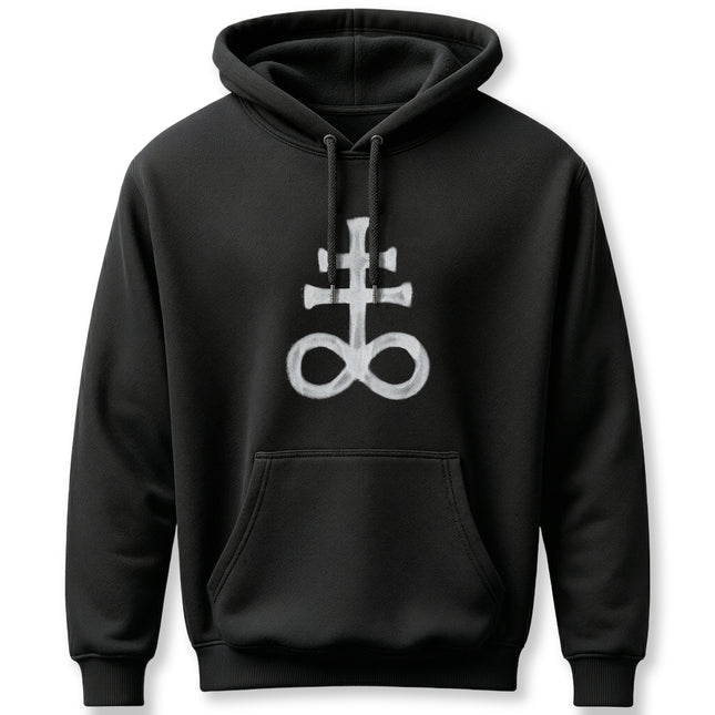 Black hoodie featuring the white Leviathan Cross pagan symbol design.