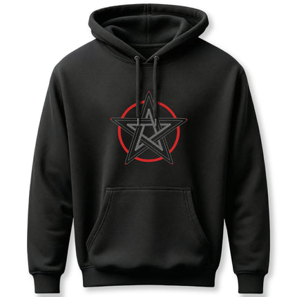 Black pentagram hoodie with red occult pentacle symbol graphic.