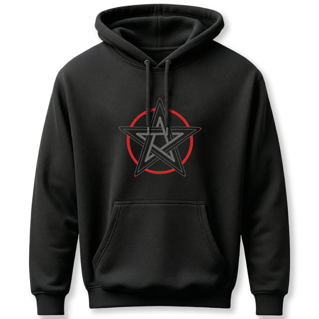Black pentagram hoodie with red occult pentacle symbol graphic.