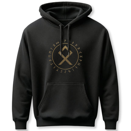 Black Norse hoodie with gold Othala rune and Futhark circle design.