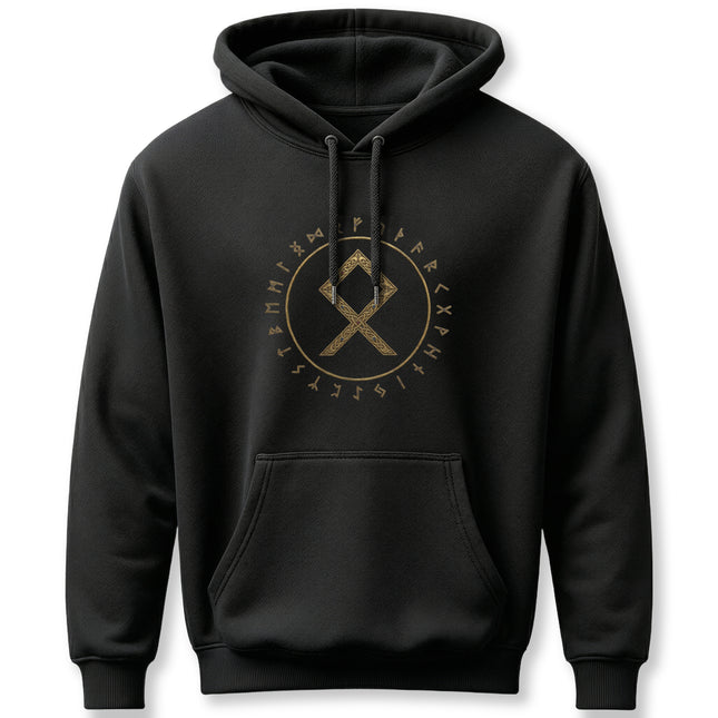 Black Norse hoodie with gold Othala rune and Futhark circle design.