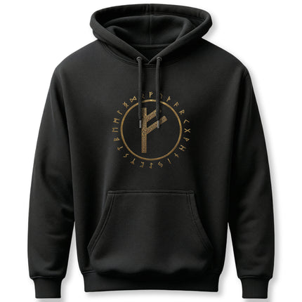 Fehu rune and Elder Futhark circle design on a black Norse mythology hoodie.
