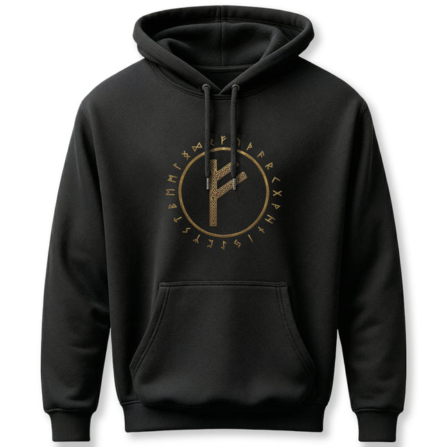 Fehu rune and Elder Futhark circle design on a black Norse mythology hoodie.